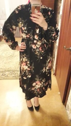Customer photo review of Puff Sleeve Spring Winter Floral Dress Women Casual Bow Stand Collar High Wasit Long Sleeve Dress