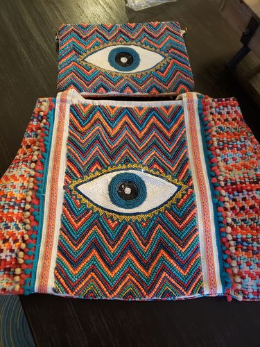 Customer photo review of Evil Eye Good Luck Hand Beaded Orange and Blue Tote Bag