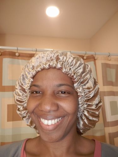 Customer photo review of Satin Lined Nighttime Hair Bonnets with EdgeProtect™