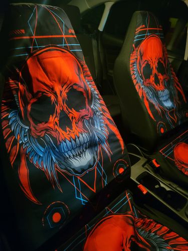 Customer photo review of Set Of 2 Flaming Fire Red Skull Car Seat Covers 101207