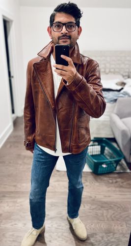 Customer photo review of Captain America's Brown Biker Leather Jacket