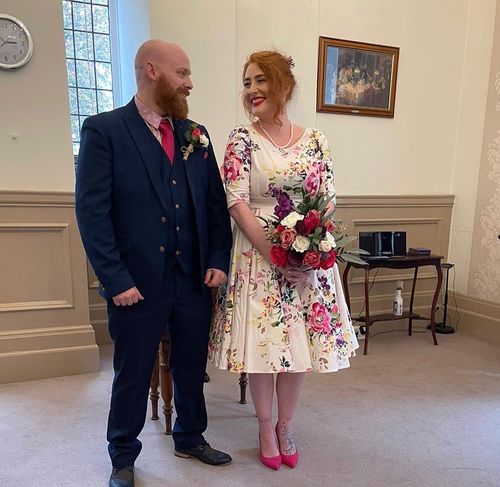 Customer photo review of Liana White and Pink Florals Flare Dress