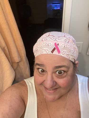 Customer photo review of CLEARANCE Pink Ribbon Paisley Head Wrap Breast Cancer Awareness Womens Doo Rag Durag Skull Cap Cotton Sporty Motorcycle Hat