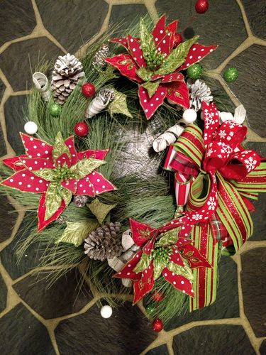 Customer photo review of 26" Polka Dot/Velvet Poinsettia Spray Red/Lime/White XS3657