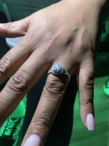 Customer photo review of Double Halo Cushion Moissanite Split Shank Pave Engagement Ring