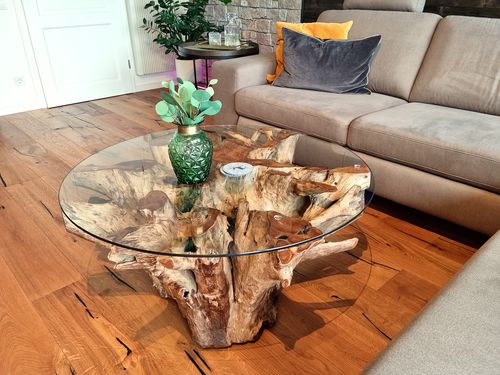 Customer photo review of NAGA Couchtisch aus Wurzelholz rund Ø 100 cm mit Glasplatte