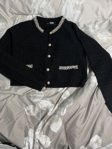 Customer photo review of Faux Pearl Decor Tweed Knitted Cardigan