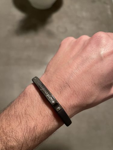 Customer photo review of Black Leather Stainless Steel Engravable ID Bracelet
