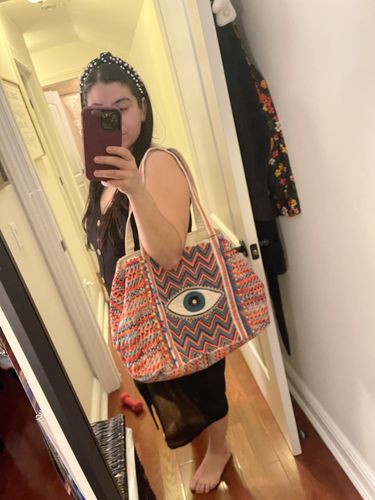 Customer photo review of Evil Eye Good Luck Hand Beaded Orange and Blue Tote Bag