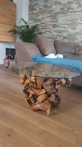 Customer photo review of Wurzelholz Couchtisch IKAL Tisch ink.Glasplatte Ø 80cm