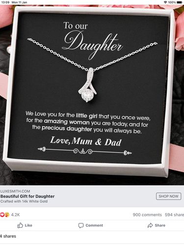 Customer photo review of "To Our Daughter, Love mum & Dad" White gold necklace