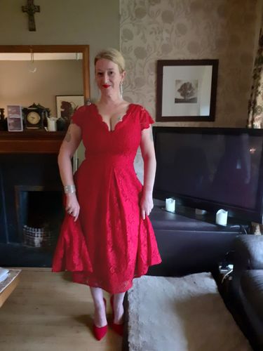 Customer photo review of Bethany Red Lace Midi Dress