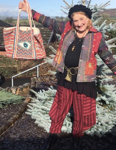 Customer photo review of Evil Eye Good Luck Hand Beaded Orange and Blue Tote Bag