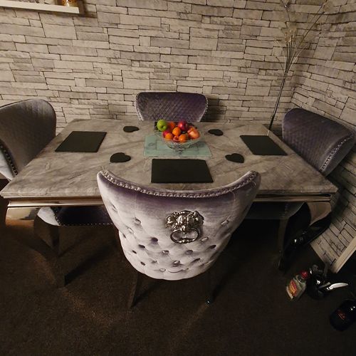Customer photo review of Vienna Grey Marble Top Dining Set With Lewis Lion Knocker Velvet Chairs