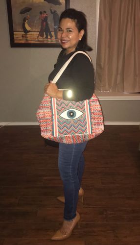 Customer photo review of Evil Eye Good Luck Hand Beaded Orange and Blue Tote Bag