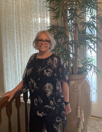 Customer photo review of Joseph Ribkoff Midnight Blue/Multi Floral Print Sheer Overlay Asymmetric Top 203158 NEW