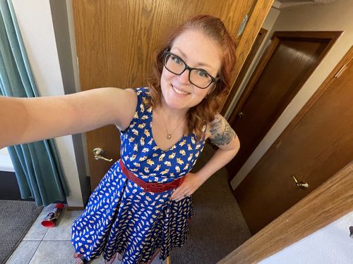 Customer photo review of Blue Corgi Print V-Neck Dress by Eva Rose