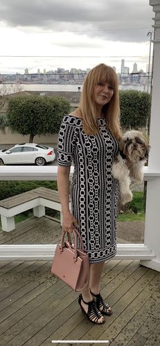 Customer photo review of Joseph Ribkoff Black/Vanilla Chain Print Off-Shoulder Sheath Dress 203637 NEW