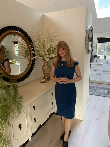 Customer photo review of Joseph Ribkoff Peacock Peek-A-Boo Off-Shoulder Ruched Sheath Dress 203596 NEW