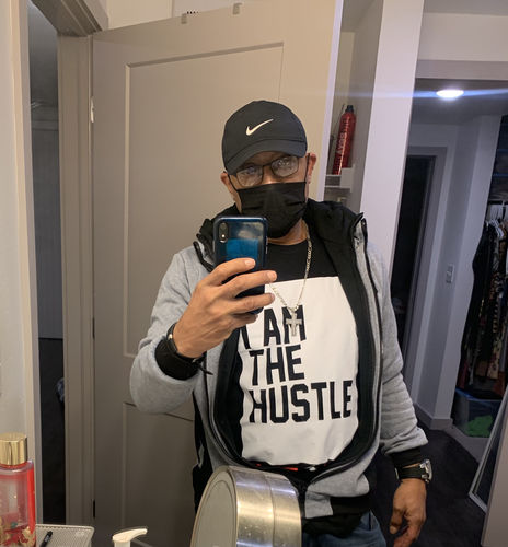 Customer photo review of I Am The Hustle Flag - Black Shirt