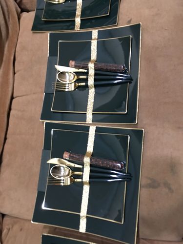 Customer photo review of Square Emerald • Gold Plastic Plates | 10 Pack
