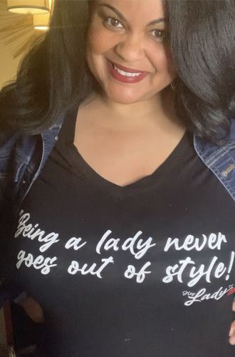 Customer photo review of Hey Lady💋™ by Kelli “Motto” Women’s V-Neck T-shirt