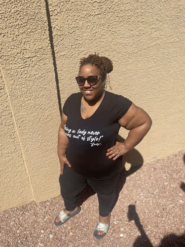 Customer photo review of Hey Lady💋™ by Kelli “Motto” Women’s V-Neck T-shirt
