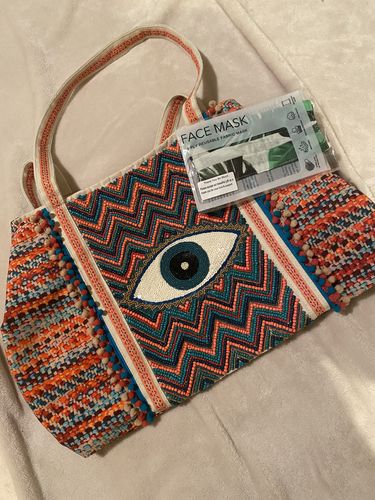 Customer photo review of Evil Eye Good Luck Hand Beaded Orange and Blue Tote Bag
