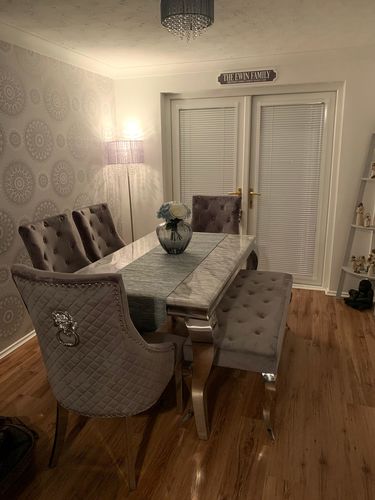 Customer photo review of Vienna Grey Marble Top Dining Set With Grey Venice Lion Knocker Velvet Chairs