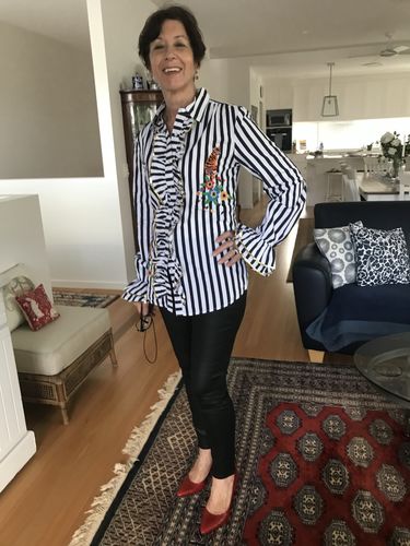 Customer photo review of Black Striped Crayon Ruffle Shirt