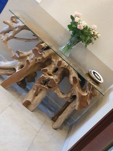 Customer photo review of Teak Wurzelholz Konsole NAGA Breite 140cm mit Glasplatte - Unikat