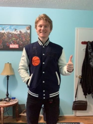 Customer photo review of Navy Varsity Letterman Jacket with White Sleeves