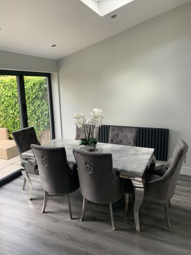 Customer photo review of Vienna Grey Marble Top Dining Set With Chelsea Ring Knocker Velvet Chairs