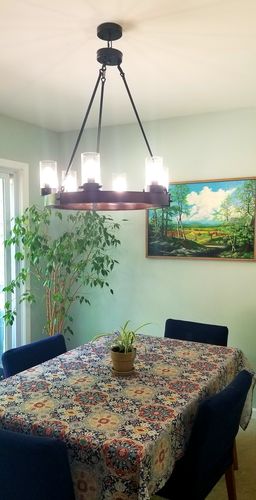 Customer photo review of Farmhouse Wood Wagon Wheel Chandelier