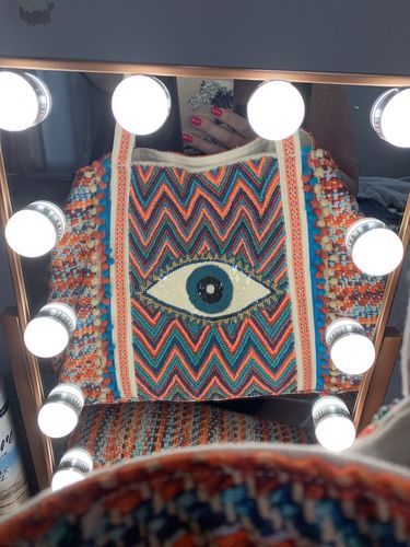 Customer photo review of Evil Eye Good Luck Hand Beaded Orange and Blue Tote Bag
