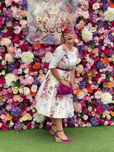 Customer photo review of Liana White and Pink Florals Flare Dress