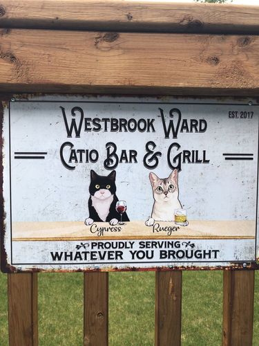 Customer photo review of Personalized Custom Dog And Cat Backyard Patio Bar And Grill Metal Sign