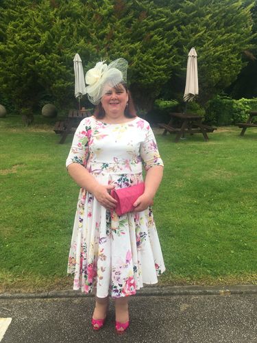 Customer photo review of Liana White and Pink Florals Flare Dress