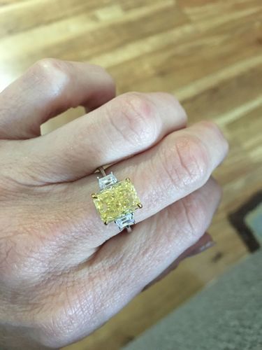 Customer photo review of Louily Yellow Sapphire Three Stone Radiant Cut Engagement Ring In Sterling Silver