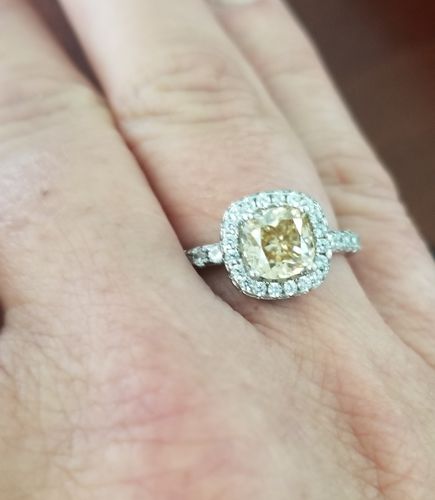 Customer photo review of Halo Yellow Cushion Cut Moissanite Pave Sterling Silver Engagement Ring