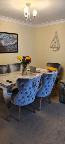 Customer photo review of Vienna Grey Marble Top Dining Set With Lewis Lion Knocker Velvet Chairs