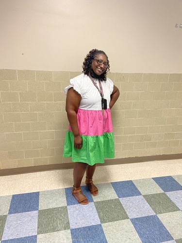 Customer photo review of Fluttered Pink & Green Dress