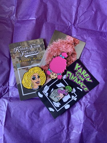 Customer photo review of Karen From Finance Pin Bundle