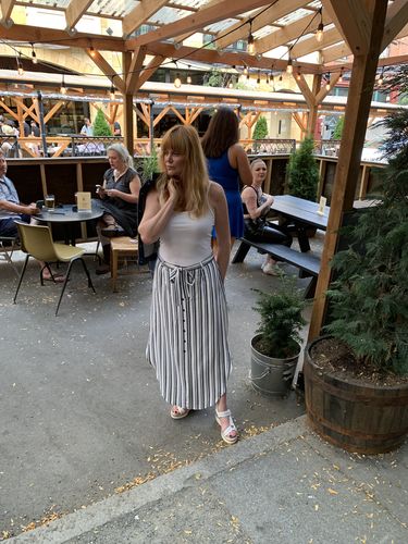 Customer photo review of Joseph Ribkoff Off-White/Blue Striped Belted Midi Skirt 202396 NEW