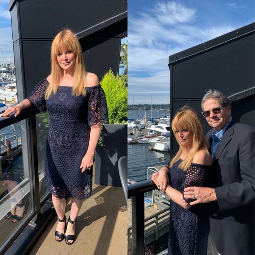 Customer photo review of Joseph Ribkoff Midnight Blue Crochet Overlay Off-Shoulder Sheath Dress 202117 NEW