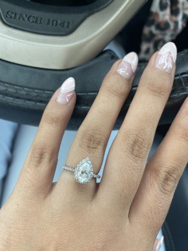 Customer photo review of Halo Pear Cut Moissanite Pave Sterling Silver Engagement Ring