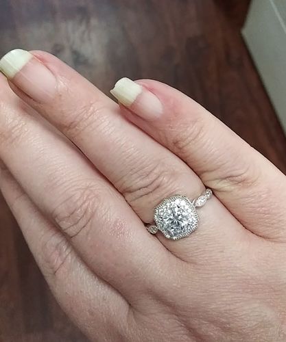 Customer photo review of Vintage Halo Round Moissanite Marquise Milgrain Engagement Ring