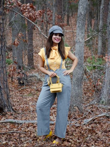 Avis photo d'un client sur 2PCS Année 50 Blouse Top Jaune & Pantalon à Bretelles Carreaux Vintage