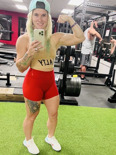 Customer photo review of Salty Savage Ladies Mid Rise Booty Scrunch Training Shorts | Wet Suit Performance | Blood Red