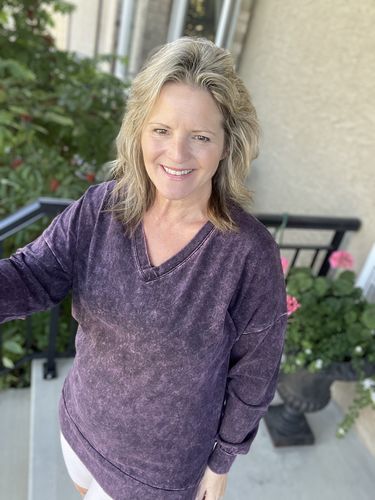 Customer photo review of Zen Mineral Wash V Sweater (Blackberry)